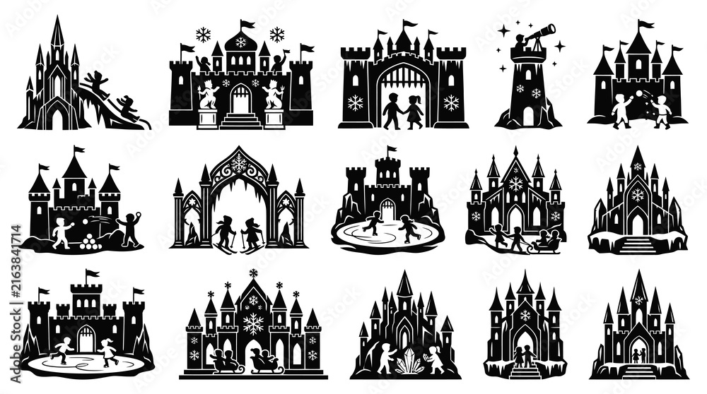 Obraz premium Winter Castle Icons for Kids, Children's Ice Skating and Sledding Scenes, Black White Silhouettes