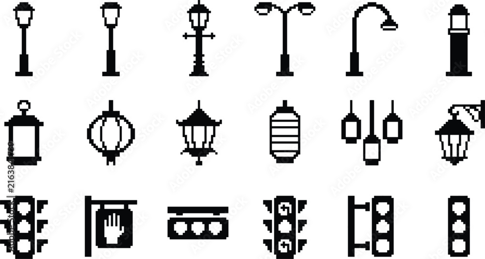 Naklejka premium Street lamp traffic light black pixel art vector illustration collection, city lantern elements, icon set