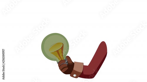 Idea at the ready. Animation of a light bulb in a hand, alpha channel. Cartoon