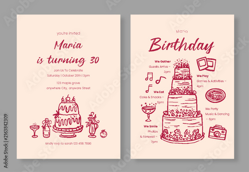 Elegant Rose Pink Hand-Drawn 30th Birthday Invitation and Party Itinerary Program Set with Cake Sketches