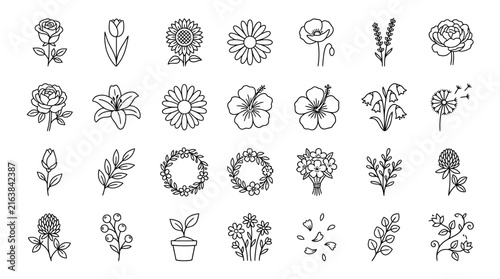 Detailed botanical flower and leaf line art icons.