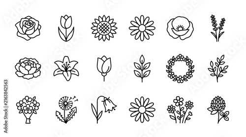 Diverse floral and plant line icon collection.
