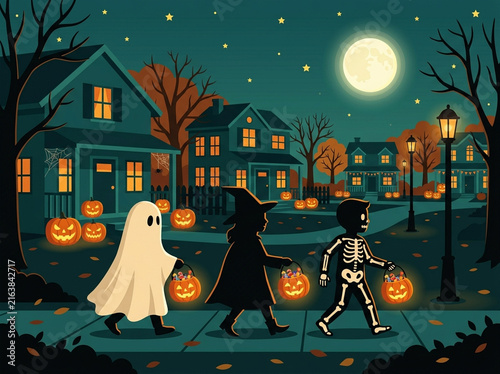 Kids in Skeleton Witch and Ghost Costumes Trick or Treating on Halloween Night