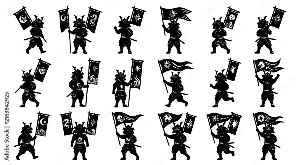 Obraz premium Japanese Samurai Warriors Silhouette Glyphs with Diverse Banners and Flags - Vector Icon Set for History and Culture