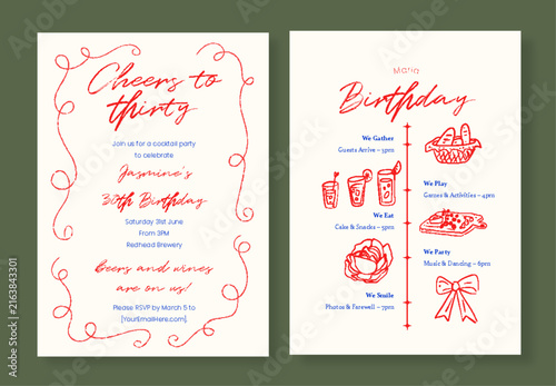 Elegant 30th Birthday Party Invitation and Event Schedule Template with Hand-Drawn Illustrations and Artistic Red Calligraphy
