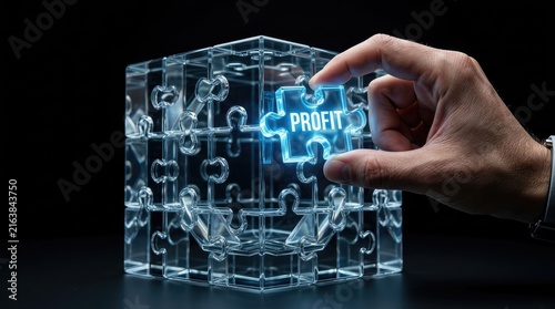 Human hand inserting a glowing blue glass puzzle piece labeled profit into a transparent cubic structure against black background