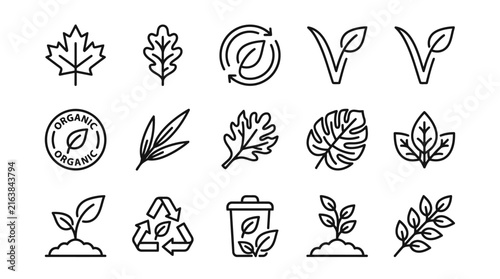 Eco friendly nature and sustainable recycling line icons.