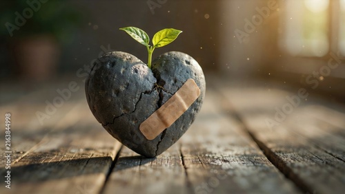 Broken dark stone heart with a small green plant sprout and adhesive bandage sitting on a weathered rustic wooden surface