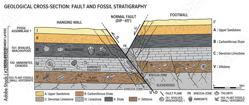 Geological cross-section illustrating fault and fossil stratigraphy