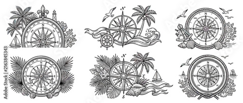 Vintage Nautical Compass Designs with Tropical Elements