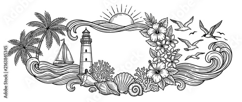 Vintage Tropical Beach Scene Border with Lighthouse and Palm Trees