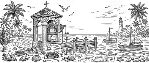 Vintage Tropical Coastal Scene with Bell Tower and Sailboats