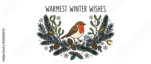 Cute robin bird illustration with winter foliage and text