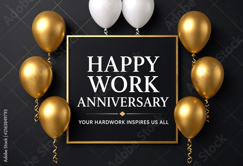 Celebrate work anniversary with elegant gold and white balloons and motivational message frame design
