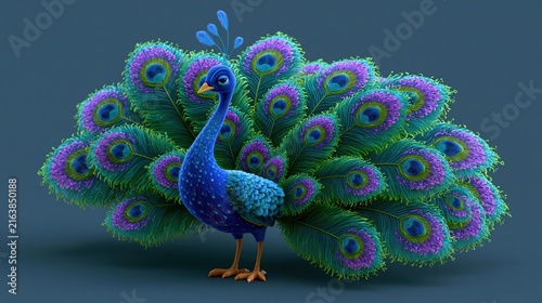 Elegant peacock displaying vibrant iridescent tail feathers against a soft blue background in a studio setting
