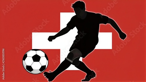 Swiss footballer kicks ball against red cross flag backdrop.