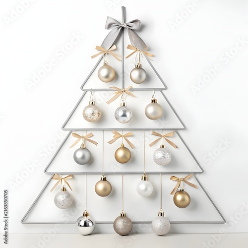 Minimalist geometric Christmas tree with assorted baubles against a clean white background