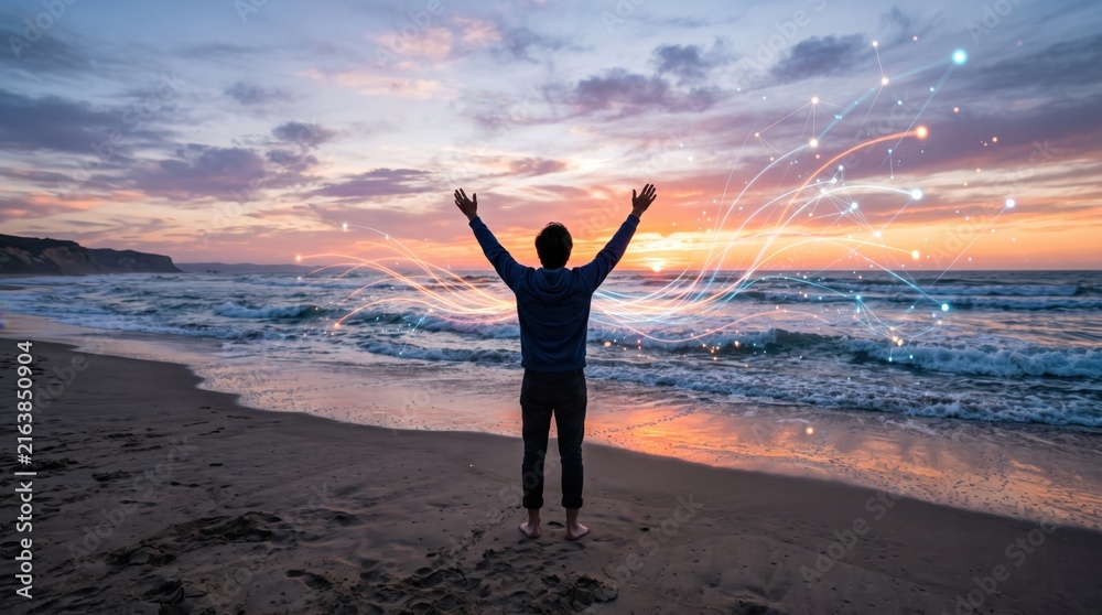 Fototapeta premium Man standing on beach at sunset with arms raised, futuristic digital network lines and glowing nodes connecting in sky, representing global connectivity, technology innovation