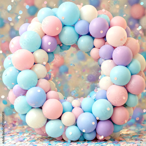 Colorful balloon arch decoration with pastel shades and confetti background perfect for parties and celebrations