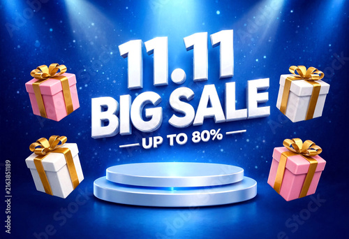 Colorful big sale event advertisement with gift boxes and podium for discounts up to eighty percent