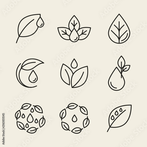 Leaf and water drop line icons set for eco friendly branding and sustainable design.