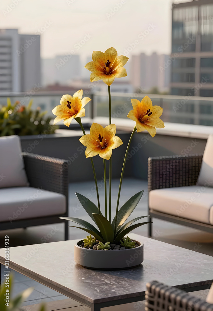 Fototapeta premium Rooftop garden oasis with yellow flowers, urban living and outdoor relaxation, modern patio decor and city views