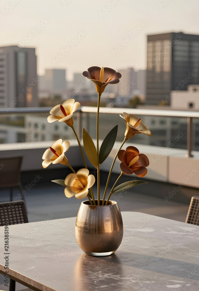 Fototapeta premium Luxury rooftop living and urban elegance, decorative metal flowers in a vase on a modern patio table with city skyline