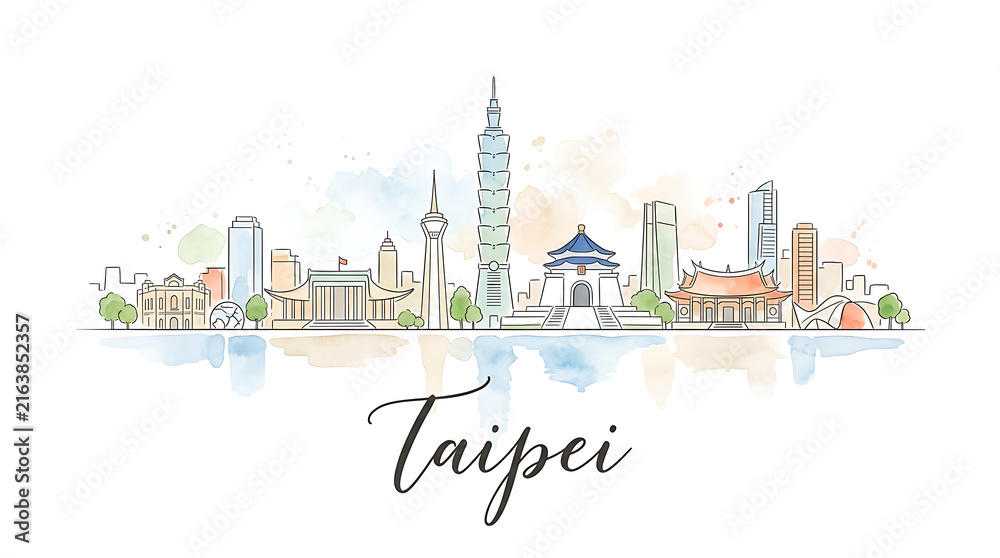 Obraz premium Elegant watercolor cityscape illustration of Taipei featuring iconic skyscrapers and traditional architecture