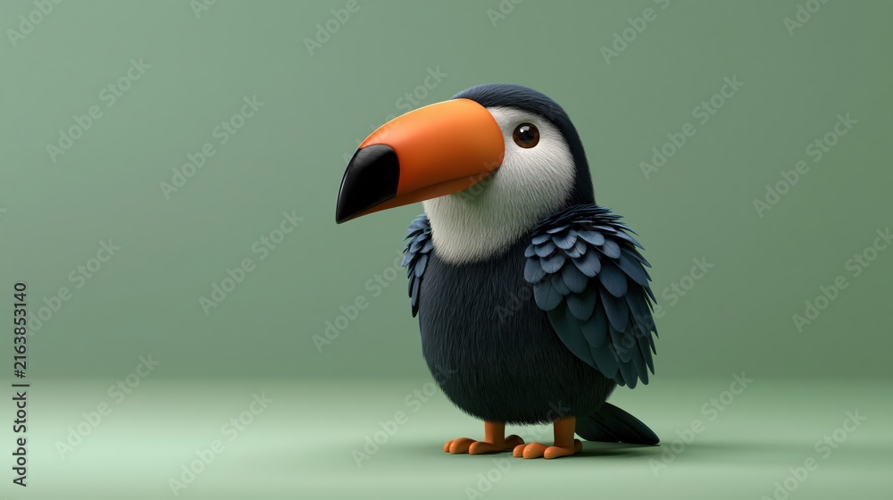 Naklejka premium Adorable cartoon toucan bird standing in soft studio lighting with copy space for text and design elements