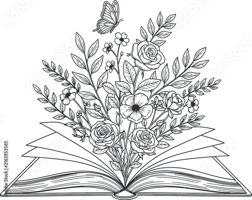Open book with blooming flowers and butterfly illustration