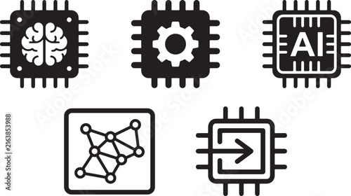 AI processor chip icon set black silhouette for technology website.