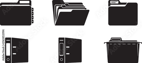 Office folder and binder icon set vector for data organization.