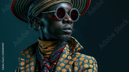 Stylish Black Man in Traditional African Attire and Sunglasses Against a Dark Gradient Background