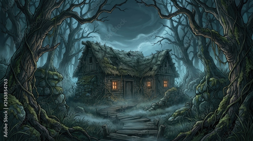 Obraz premium A spooky abandoned cottage sits deep in a misty halloween forest
