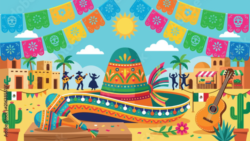 Mexican Fiesta Town Vector: Sombrero, Guitar, and Maracas with Mariachi Band and Dancers in Sunny Street, Colorful Papel Picado Banner Graphic for Cinco de Mayo and Traditional Festival Promo