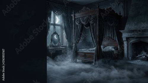 An eerie haunted mansion bedroom interior perfect for spooky halloween 2026 design themes