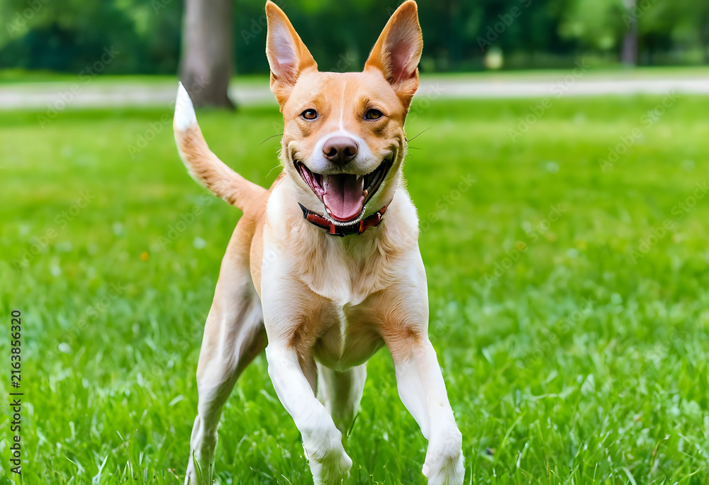 Naklejka premium Happy dog running in park, pet joy and outdoor activity, playful canine with open mouth and wagging tail on green grass