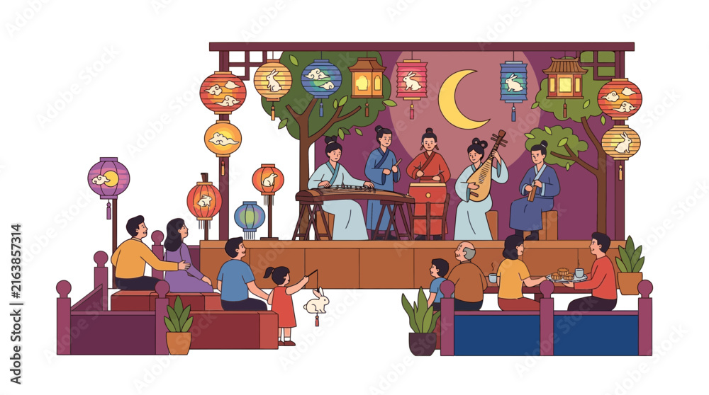 Fototapeta premium Traditional Chinese Music Performance with Audience and Lanterns