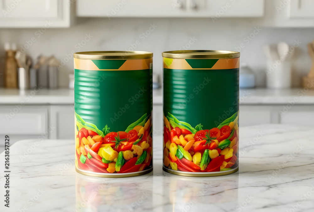 Fototapeta premium Canned food and healthy eating, two vegetable cans on a kitchen counter, convenience and nutrition
