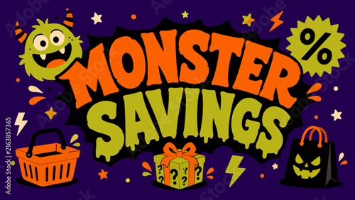 Colorful Halloween sale banner with Monster Savings text and cartoon graphics on purple.