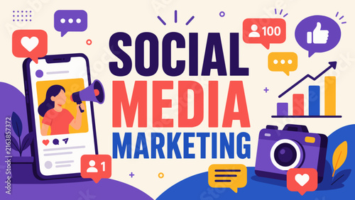 Illustration of social media marketing concepts with digital engagement icons and smartphone.