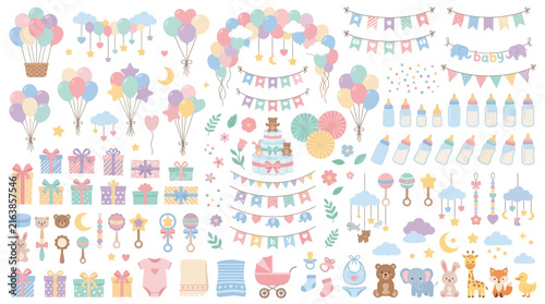 Baby shower vector collection featuring cute party decorations, gifts, and nursery accessories for newborn celebration events