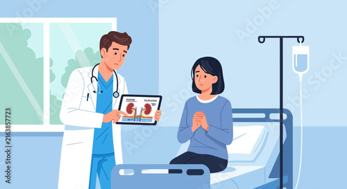 Doctor shows kidney scan to worried patient in hospital room