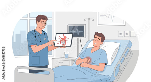 Doctor shows stomach virus on tablet to patient in hospital bed