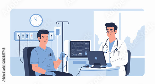 Doctor supervising patient IV drip treatment in hospital room illustration