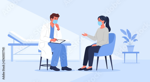 Doctor talking to patient wearing masks in consultation room, healthcare concept
