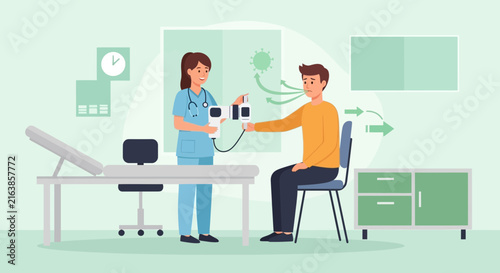 Doctor tests patient's lungs with spirometer in medical office