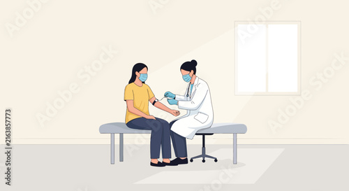 Doctor taking blood sample from patient, medical examination, clinic setting
