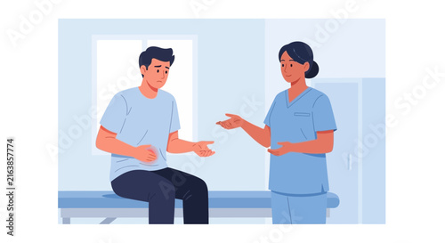 Doctor talking to worried patient in medical clinic illustration
