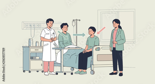 Doctor, Patient, and Visitor in Hospital Room with IV Drip